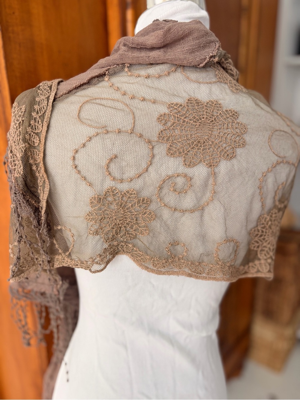 Boho Lace Fringe Shawl - Taupe - Picture 4 of 4